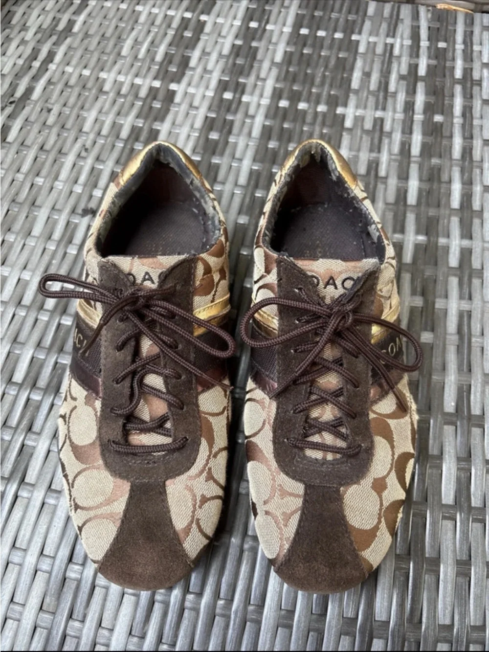 Coach Brown Signature Canvas Sneakers with Gold & Bronze Stripes - Women